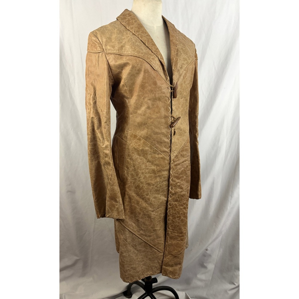 Michelle Julene‎ Couture Leather Coat Western Fitted Distressed Tan S